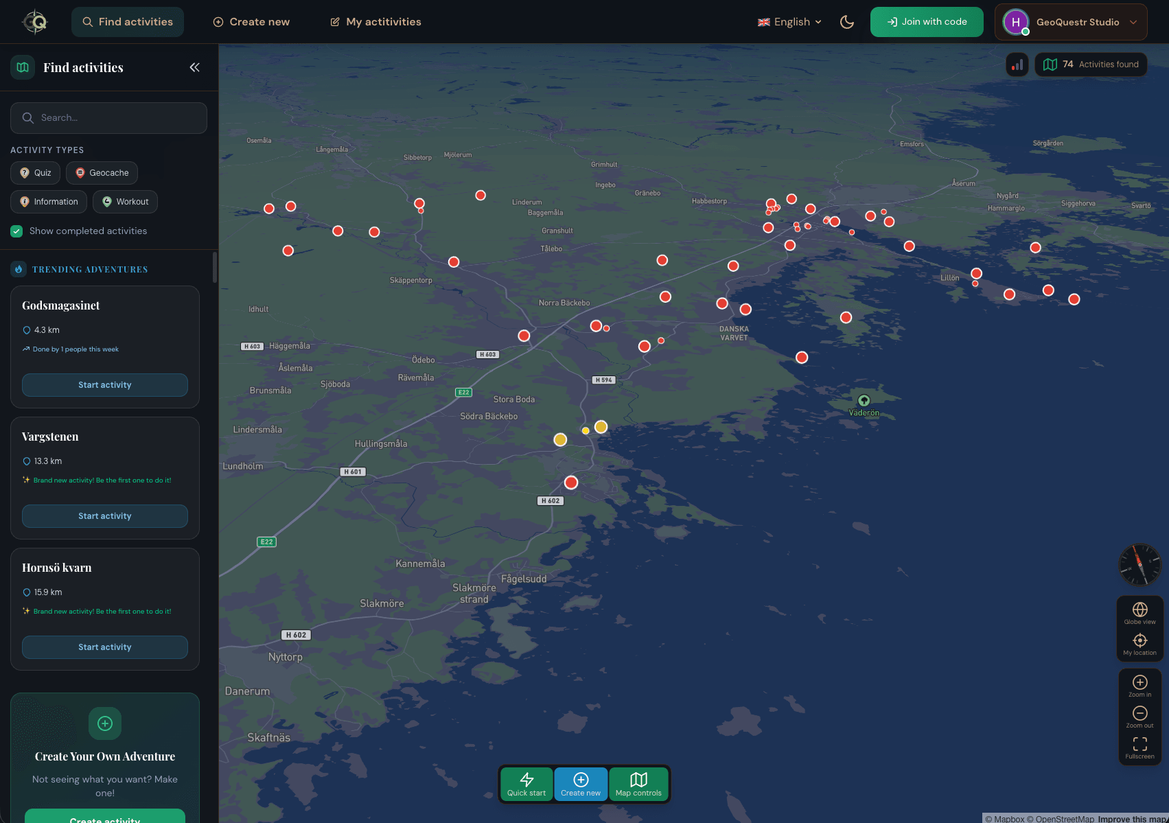 GeoQuestr app on desktop