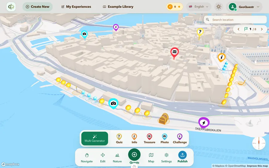 The GeoQuestr builder: quiz, info, treasure, photo and challenge quests on the 3D map of Gamla Stan in Stockholm, with coins, crystals and buried treasure along the Skeppsbron quay.